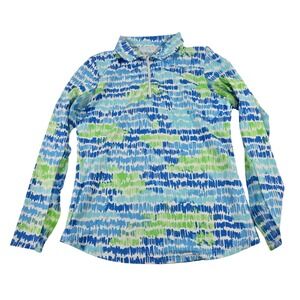 Icikuls Womens Sun Shirt Blue‎ Green Abstract Dash Quarter Zip Long Sleeve S